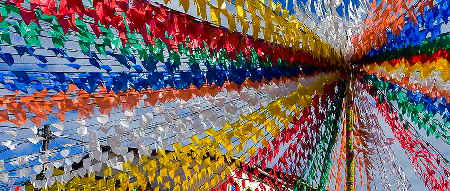 Colorful banners in the historic streets of Lençóis during the São João festival in Chapada Diamantina.